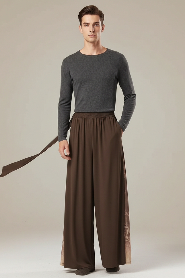 Pantalon Fluide Marron Ample Maille Transparente Homme
