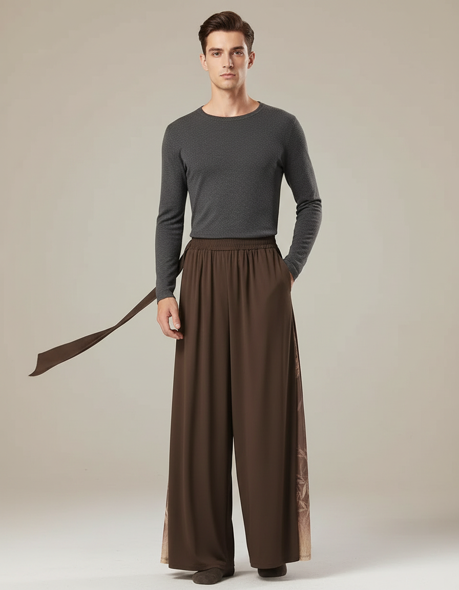 Pantalon Fluide Marron Ample Maille Transparente Homme