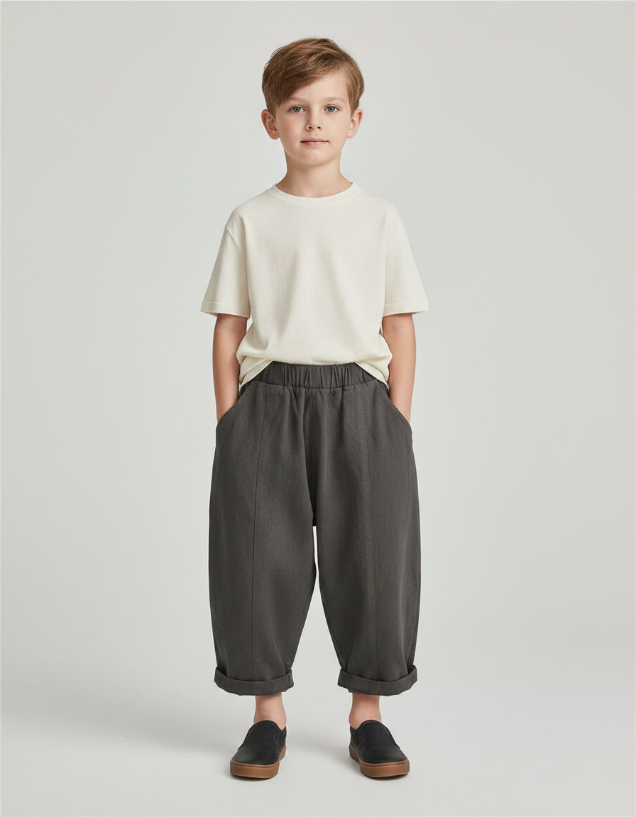 Pantalon Fluide Gris Ample Coton Enfant Décontracté