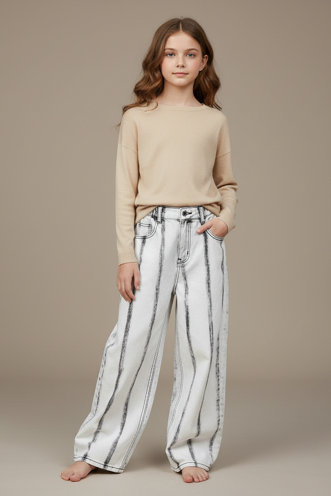 Pantalon Fluide Imprimé Rayures Ample Décontracté Enfant - Jean