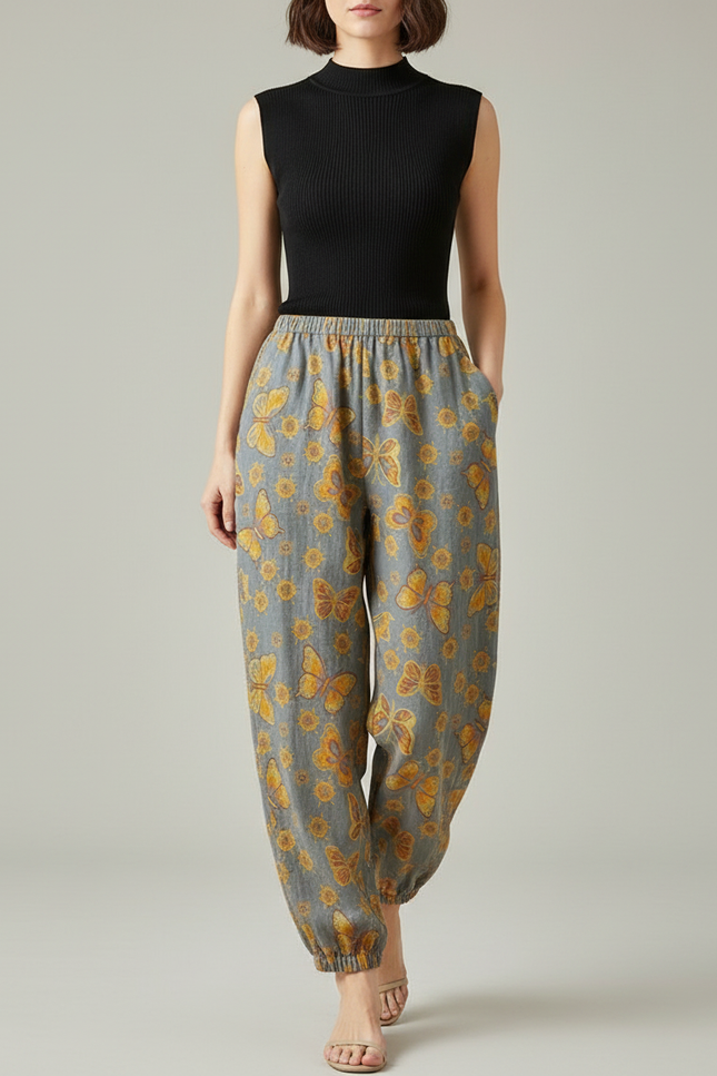 Pantalon Fluide Gris Ample Papillons Été Femme - Lin