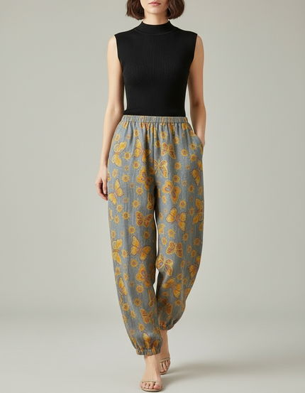 Pantalon Fluide Gris Ample Papillons Été Femme - Lin