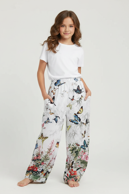 Pantalon Fluide Blanc Imprimé Papillons Floral Ample - Viscose