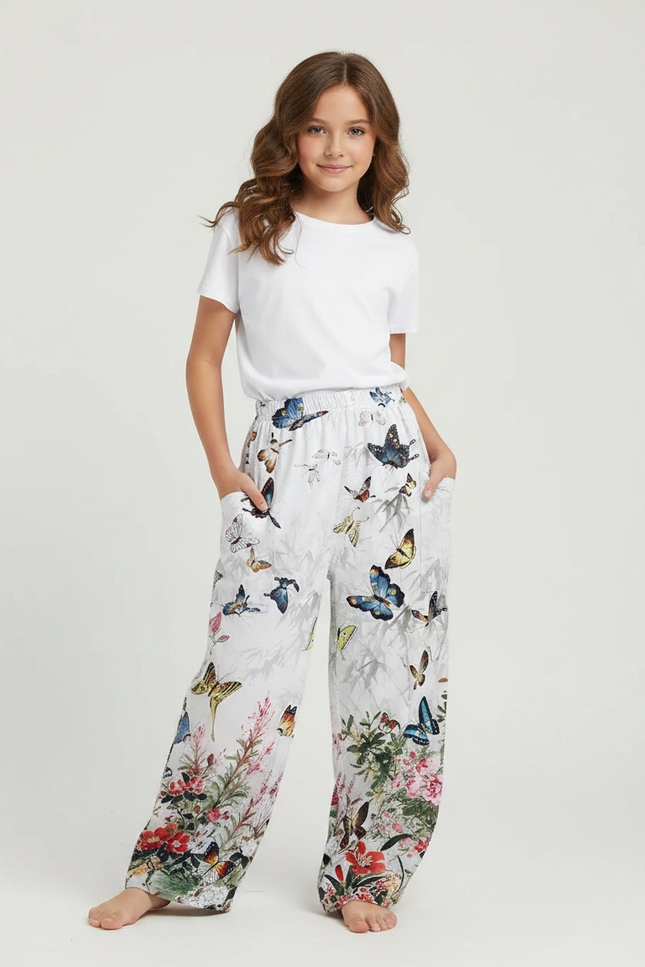 Pantalon Fluide Blanc Imprimé Papillons Floral Ample - Viscose