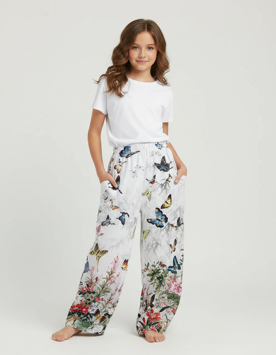 Pantalon Fluide Blanc Imprimé Papillons Floral Ample - Viscose