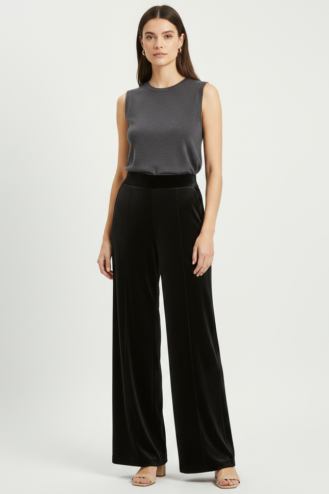Pantalon Fluide Velours Noir Taille Haute Ample Femme