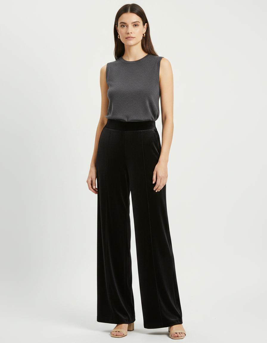 Pantalon Fluide Velours Noir Taille Haute Ample Femme
