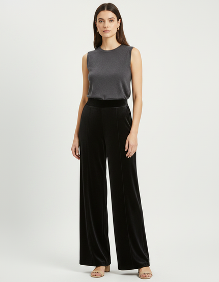 Pantalon Fluide Velours Noir Taille Haute Ample Femme