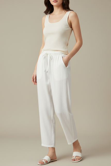 Pantalon Fluide Blanc Ample Lin Décontracté Élastique