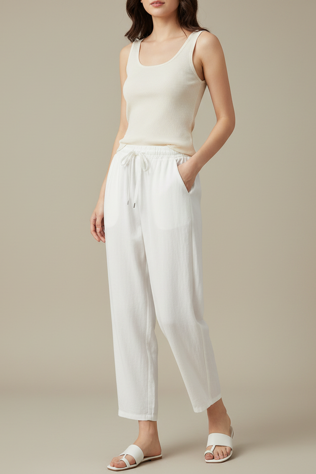 Pantalon Fluide Blanc Ample Lin Décontracté Élastique