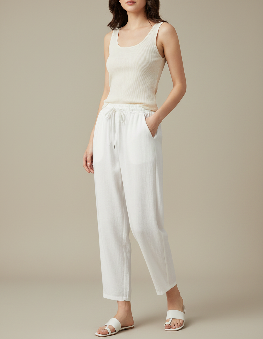 Pantalon Fluide Blanc Ample Lin Décontracté Élastique
