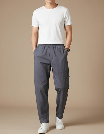 Pantalon Fluide Homme Gris Décontracté Élastique - Polyester