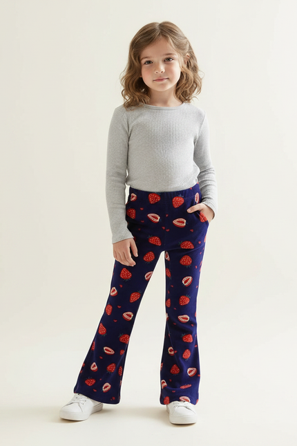 Pantalon Fluide Bleu Marine Fraises Doux Évasé Enfant - Molleton
