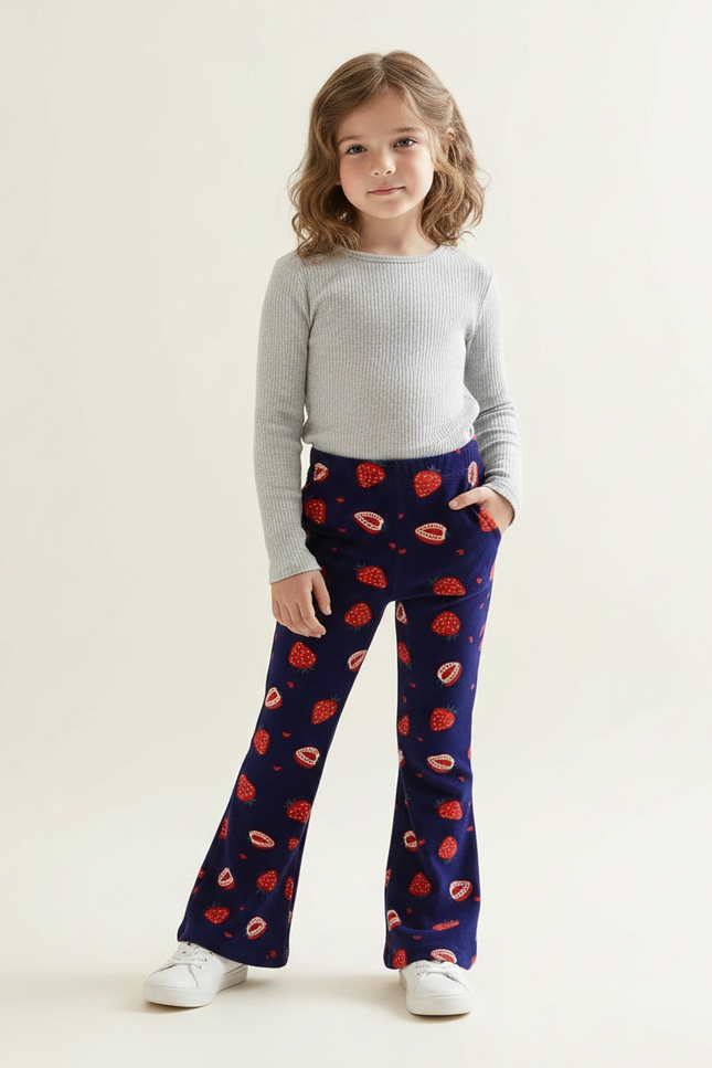 Pantalon Fluide Bleu Marine Fraises Doux Évasé Enfant - Molleton