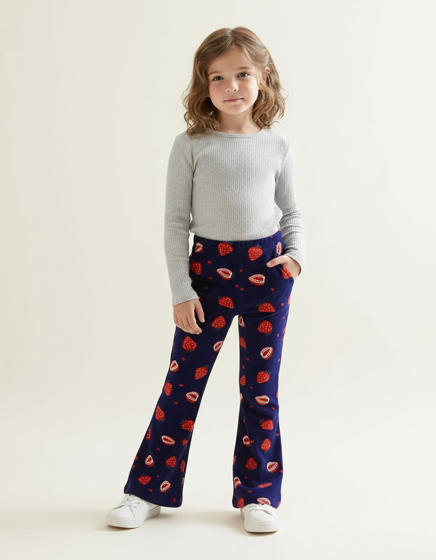 Pantalon Fluide Bleu Marine Fraises Doux Évasé Enfant - Molleton