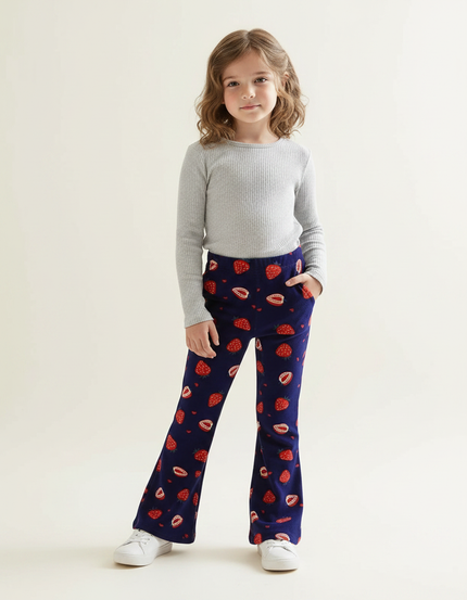 Pantalon Fluide Bleu Marine Fraises Doux Évasé Enfant - Molleton