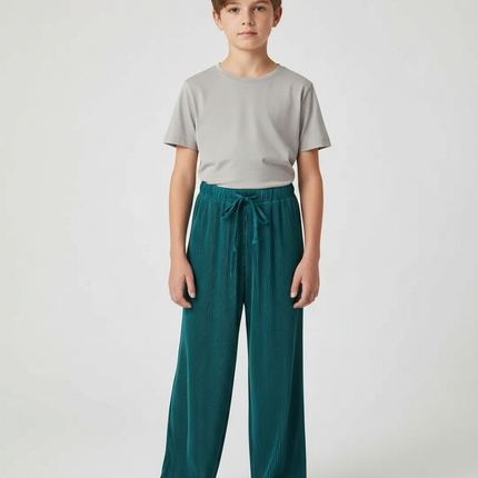 Pantalon Fluide Plissé Vert Émeraude Ample Cordon Enfant - Polyester