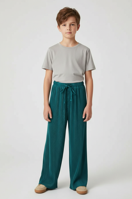 Pantalon Fluide Plissé Vert Émeraude Ample Cordon Enfant - Polyester