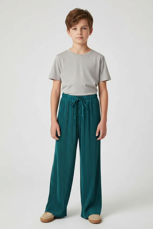 Pantalon Fluide Plissé Vert Émeraude Ample Cordon Enfant - Polyester