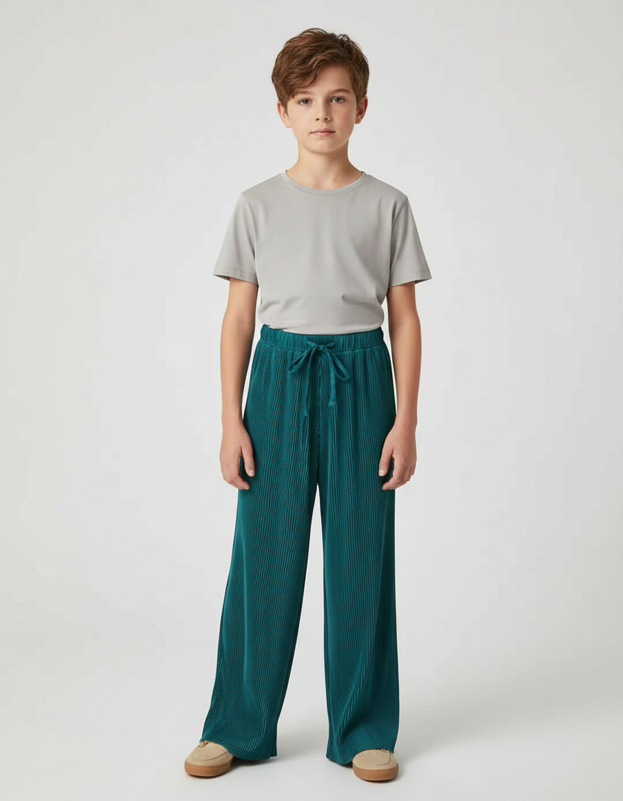 Pantalon Fluide Plissé Vert Émeraude Ample Cordon Enfant - Polyester
