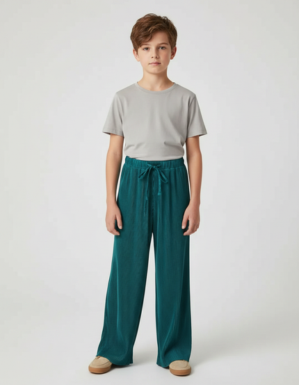 Pantalon Fluide Plissé Vert Émeraude Ample Cordon Enfant - Polyester