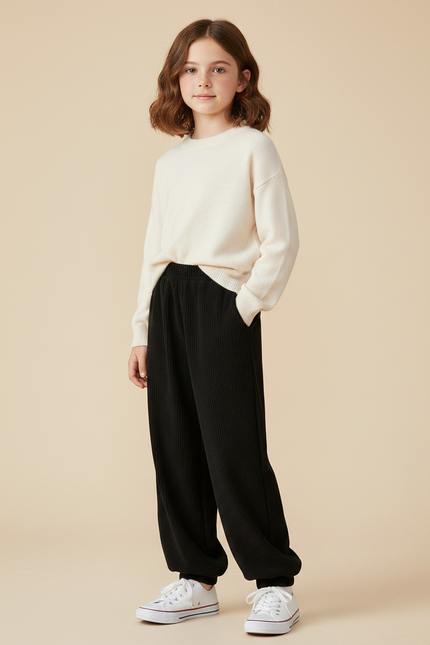 Pantalon Fluide Noir Côtelé Ample Confortable - Cordé