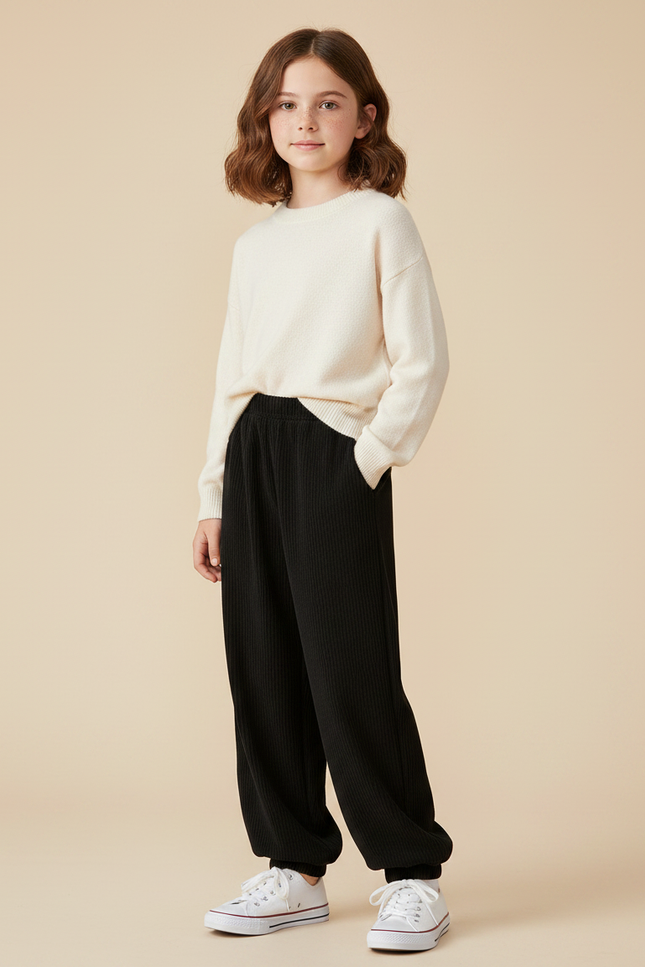 Pantalon Fluide Noir Côtelé Ample Confortable - Cordé