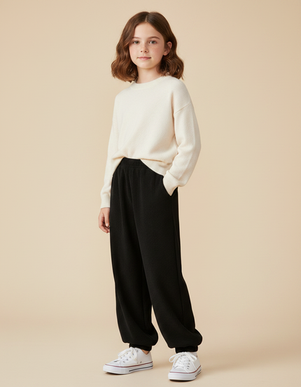 Pantalon Fluide Noir Côtelé Ample Confortable - Cordé