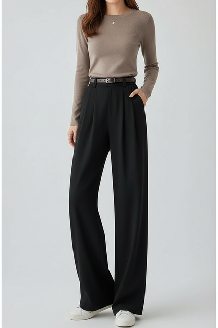 Pantalon Fluide Noir Ample Plissé Décontracté Élégant - Polyester