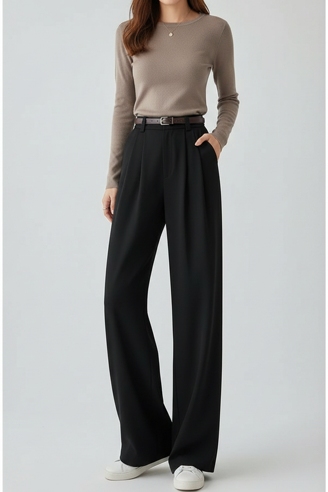 Pantalon Fluide Noir Ample Plissé Décontracté Élégant - Polyester