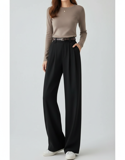 Pantalon Fluide Noir Ample Plissé Décontracté Élégant - Polyester
