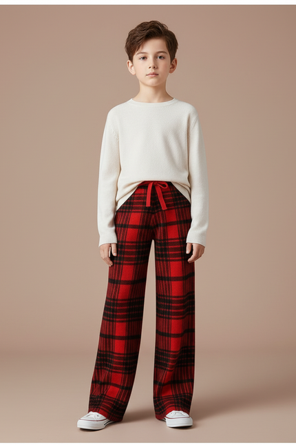 Pantalon Fluide Rouge Carreaux Écossais Laine Ample