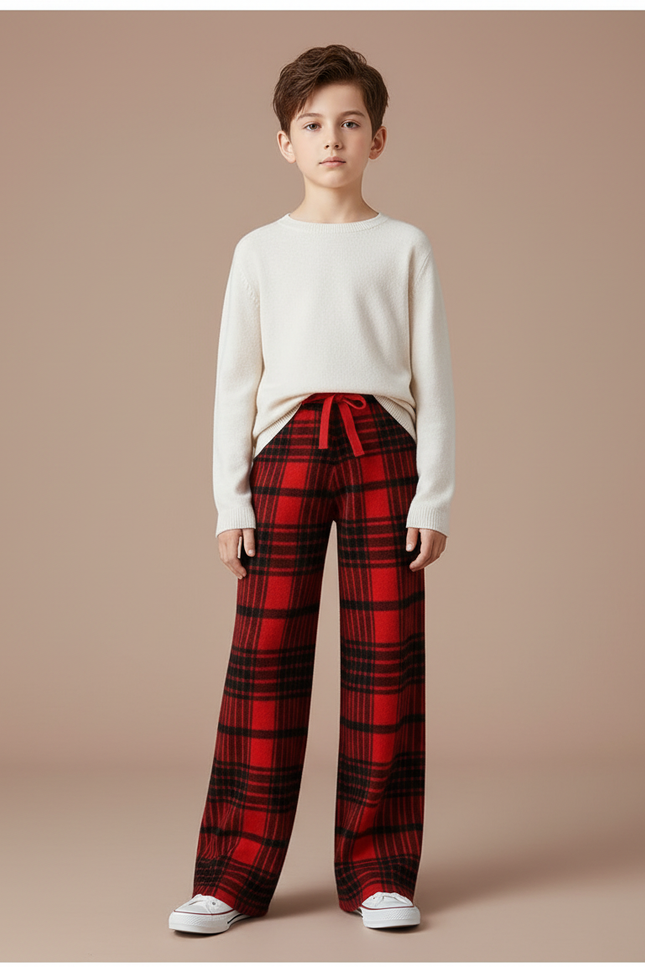 Pantalon Fluide Rouge Carreaux Écossais Laine Ample