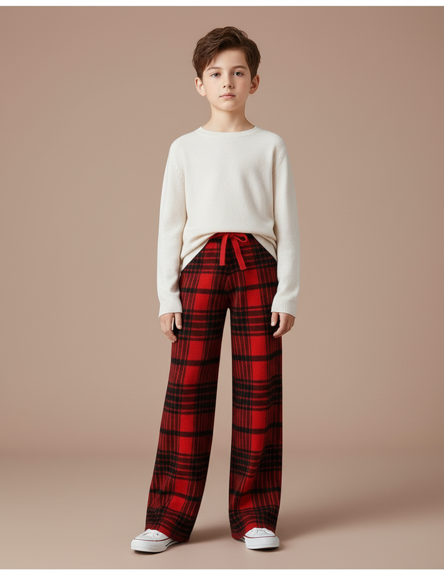 Pantalon Fluide Rouge Carreaux Écossais Laine Ample