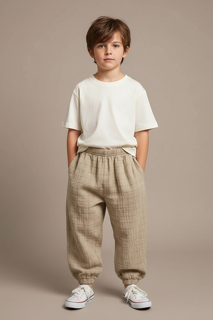Pantalon Fluide Beige Carreaux Coton Ample Garçon