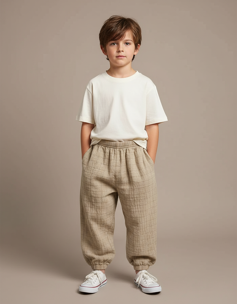 Pantalon Fluide Beige Carreaux Coton Ample Garçon