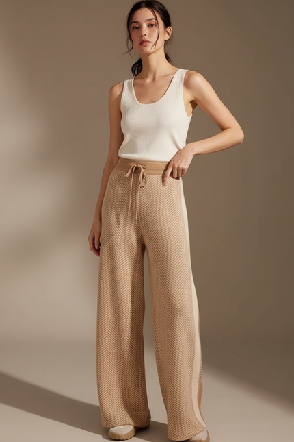 Pantalon Fluide Beige Maille Ample Cordon Chevron Femme