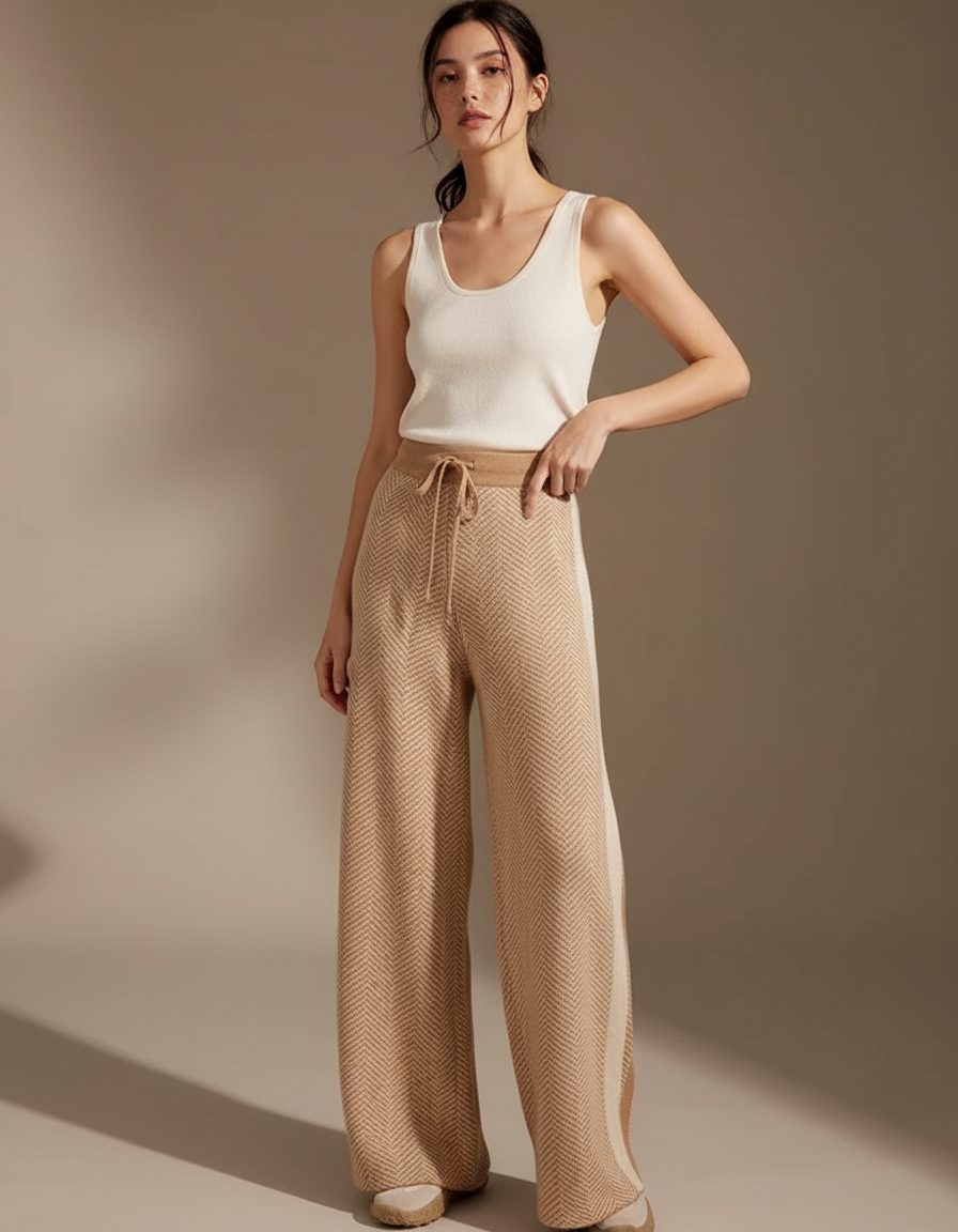 Pantalon Fluide Beige Maille Ample Cordon Chevron Femme