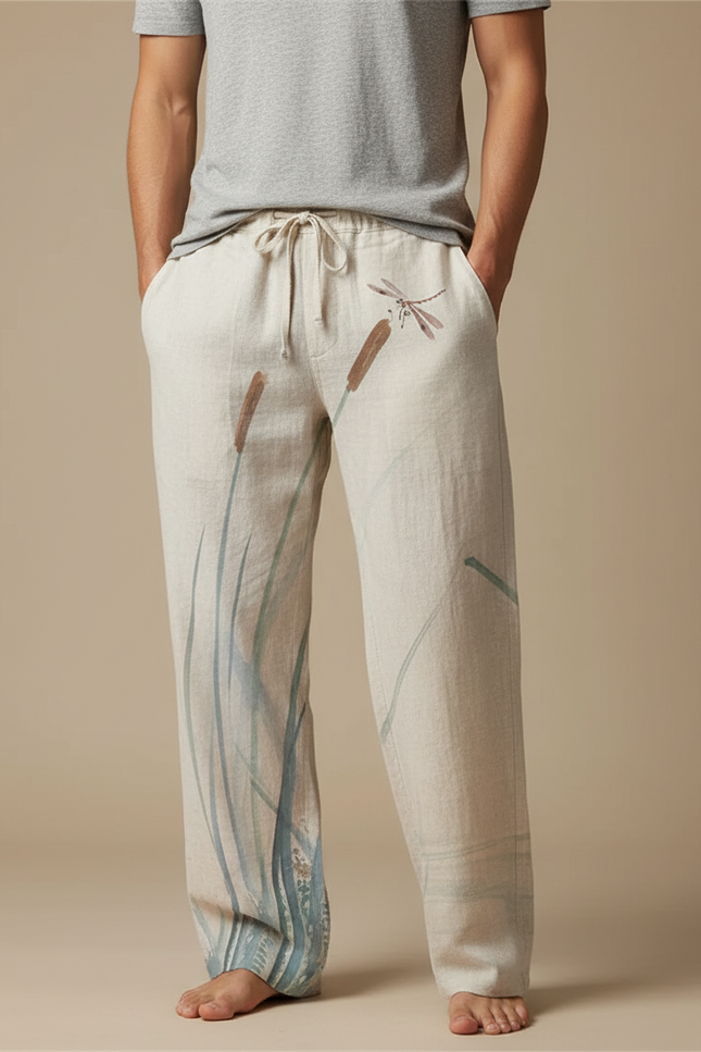 Pantalon Fluide Écru Lin Ample Libellule Roseau Homme - Beige