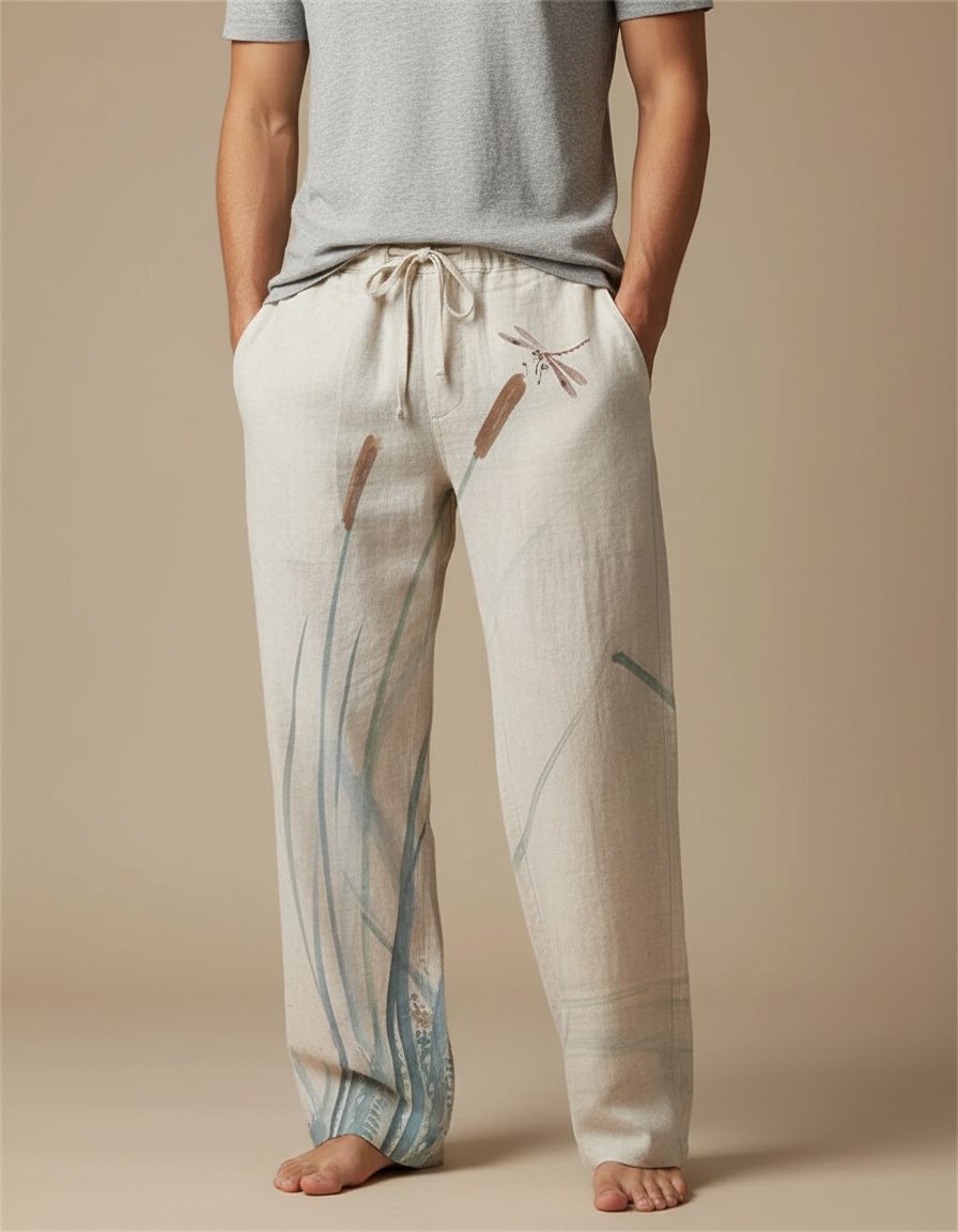 Pantalon Fluide Écru Lin Ample Libellule Roseau Homme - Beige
