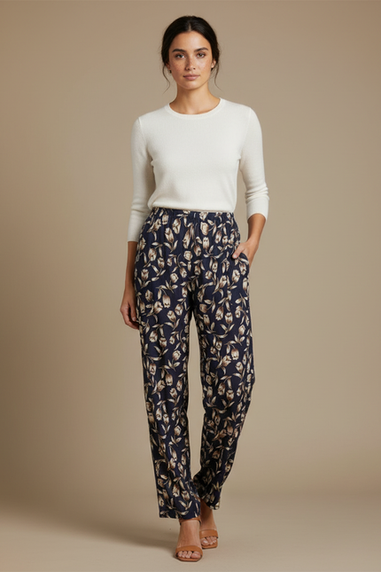 Pantalon Fluide Imprimé Floral Ample Femme Élégant - Viscose