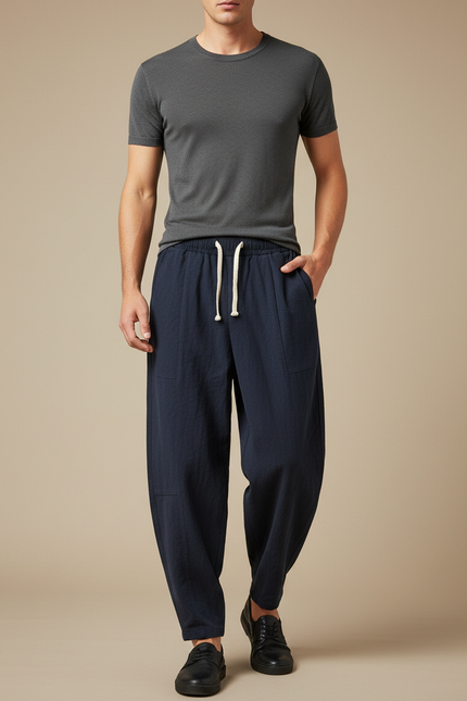 Pantalon Fluide Coton Ample Décontracté Homme Bleu Marine
