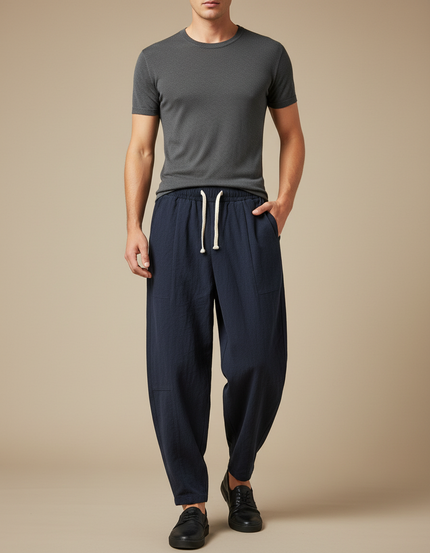 Pantalon Fluide Coton Ample Décontracté Homme Bleu Marine