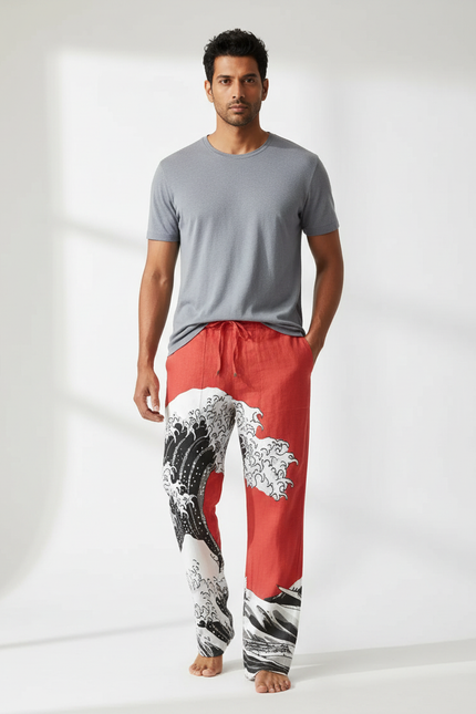 Pantalon Fluide Rouge Vagues Japonaises Ample Homme - Lin