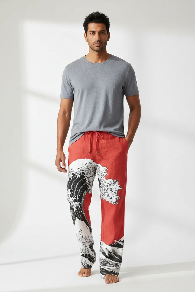 Pantalon Fluide Rouge Vagues Japonaises Ample Homme - Lin