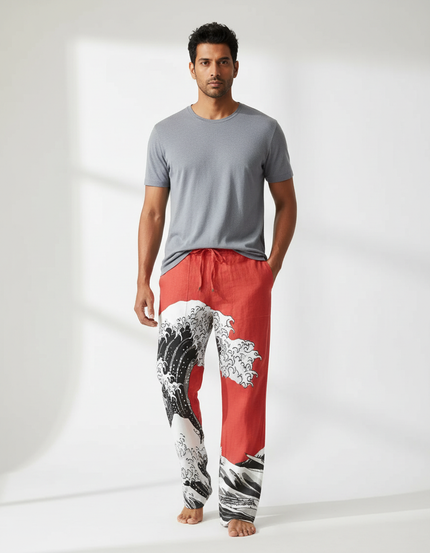 Pantalon Fluide Rouge Vagues Japonaises Ample Homme - Lin