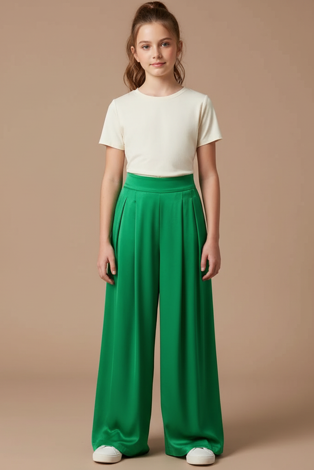 Pantalon Fluide Vert Émeraude Satiné Plissé Large Élégant