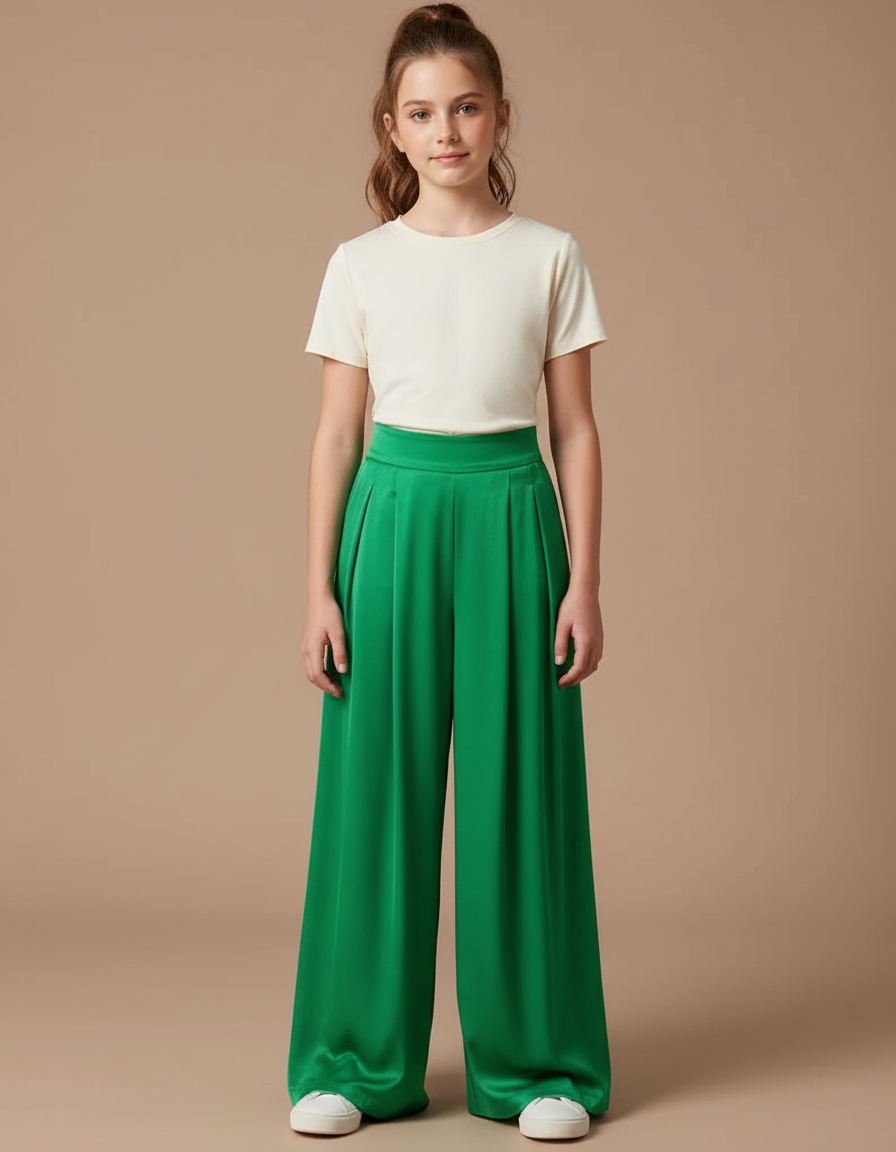 Pantalon Fluide Vert Émeraude Satiné Plissé Large Élégant