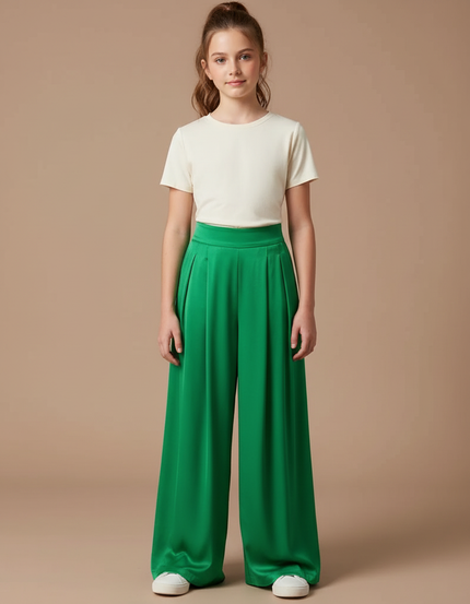 Pantalon Fluide Vert Émeraude Satiné Plissé Large Élégant