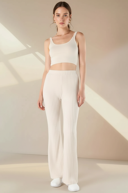 Pantalon Fluide Écru Côtelé Évasé Confortable Élégant - Beige Maille
